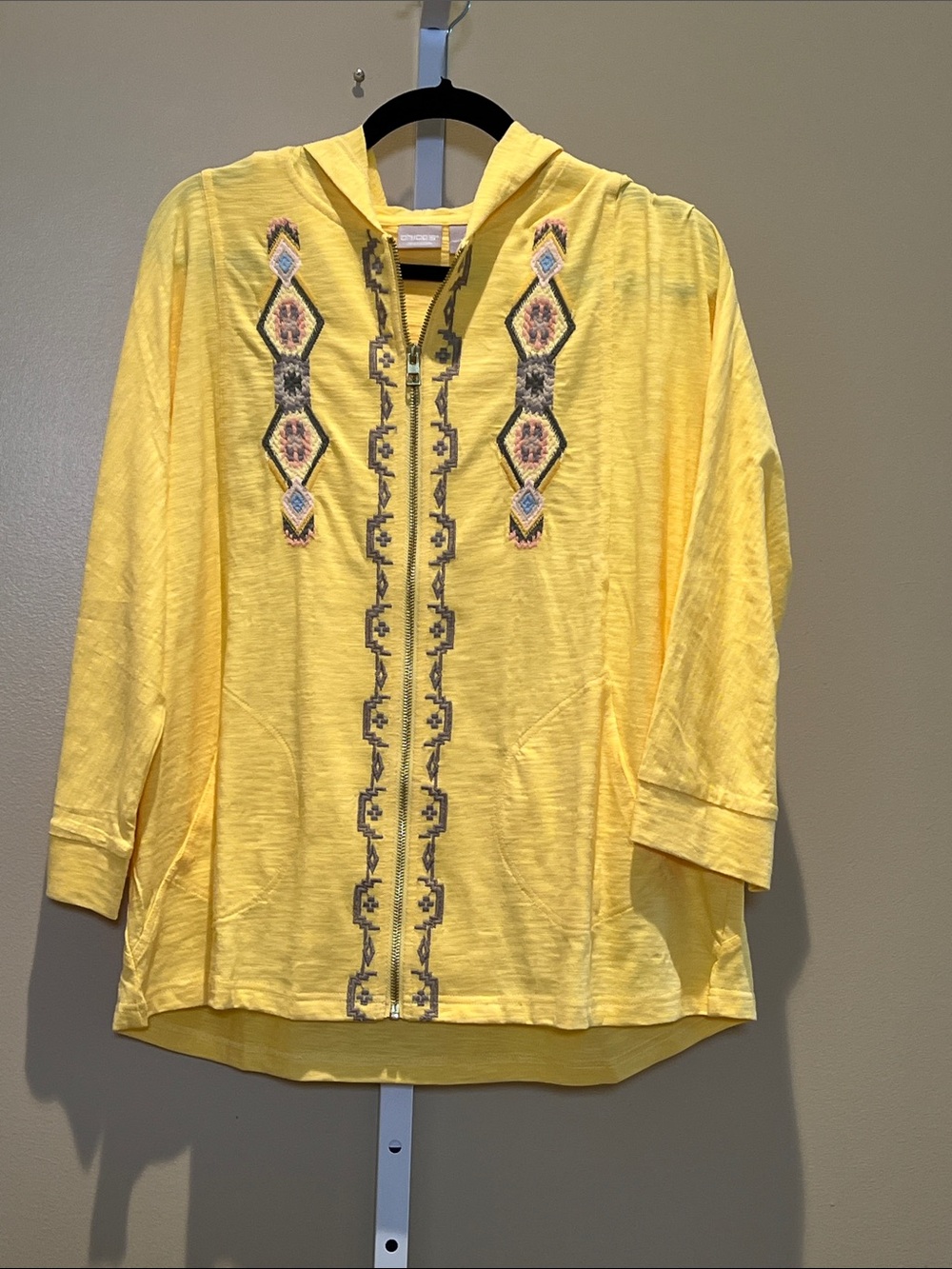 Chico's Yellow Embroidered Hooded Sweatshirt